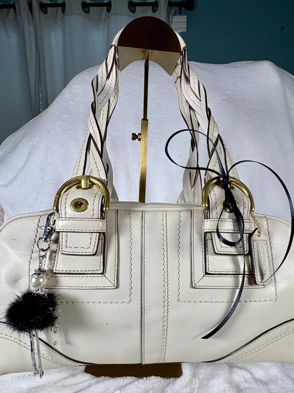 Vintage Coach Y2K Soho Mia Braided Satchel in White with Charm